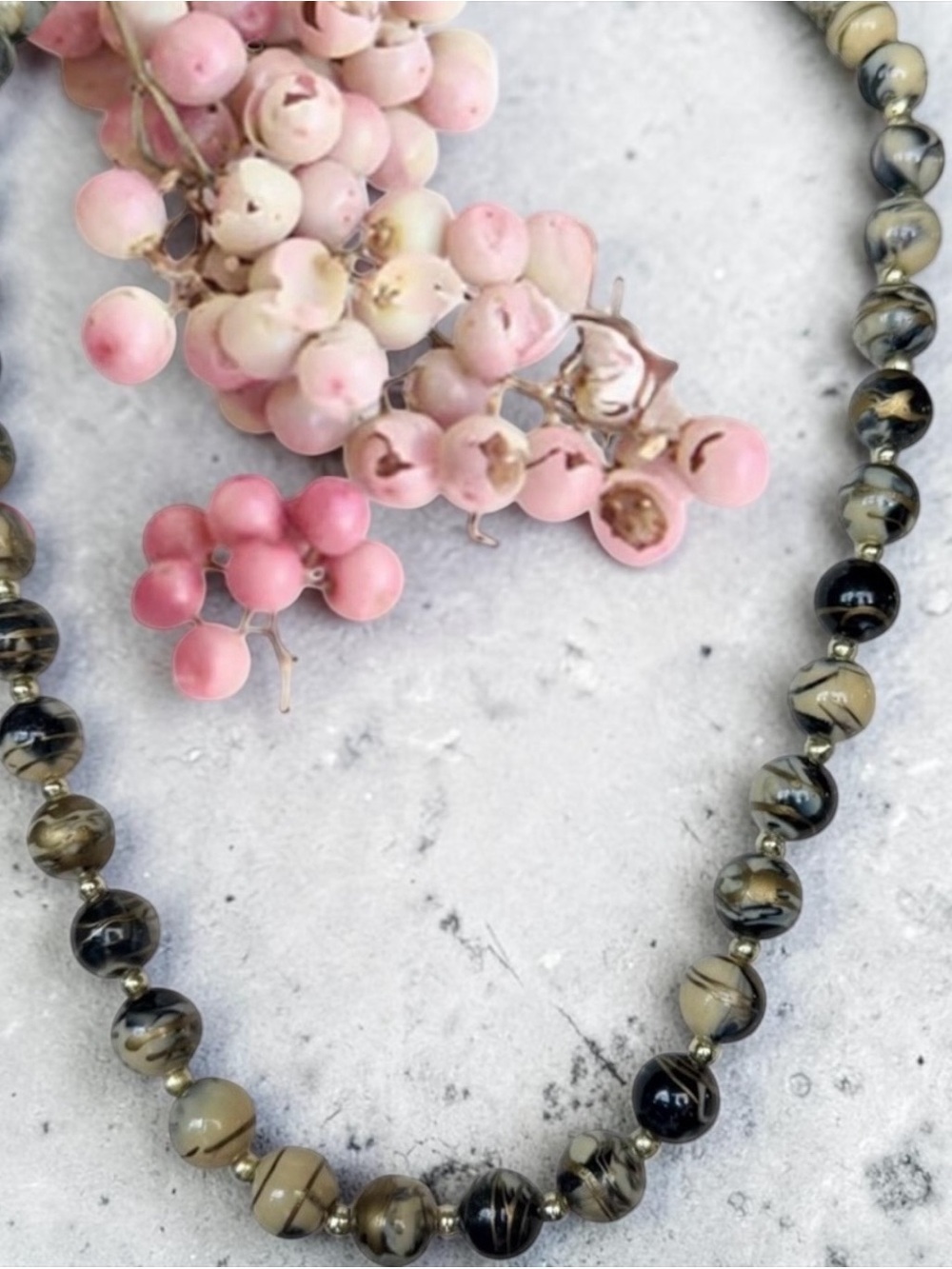 Tiger Bead Necklace Black Tan Swirl Glass Beads Neutral Statement